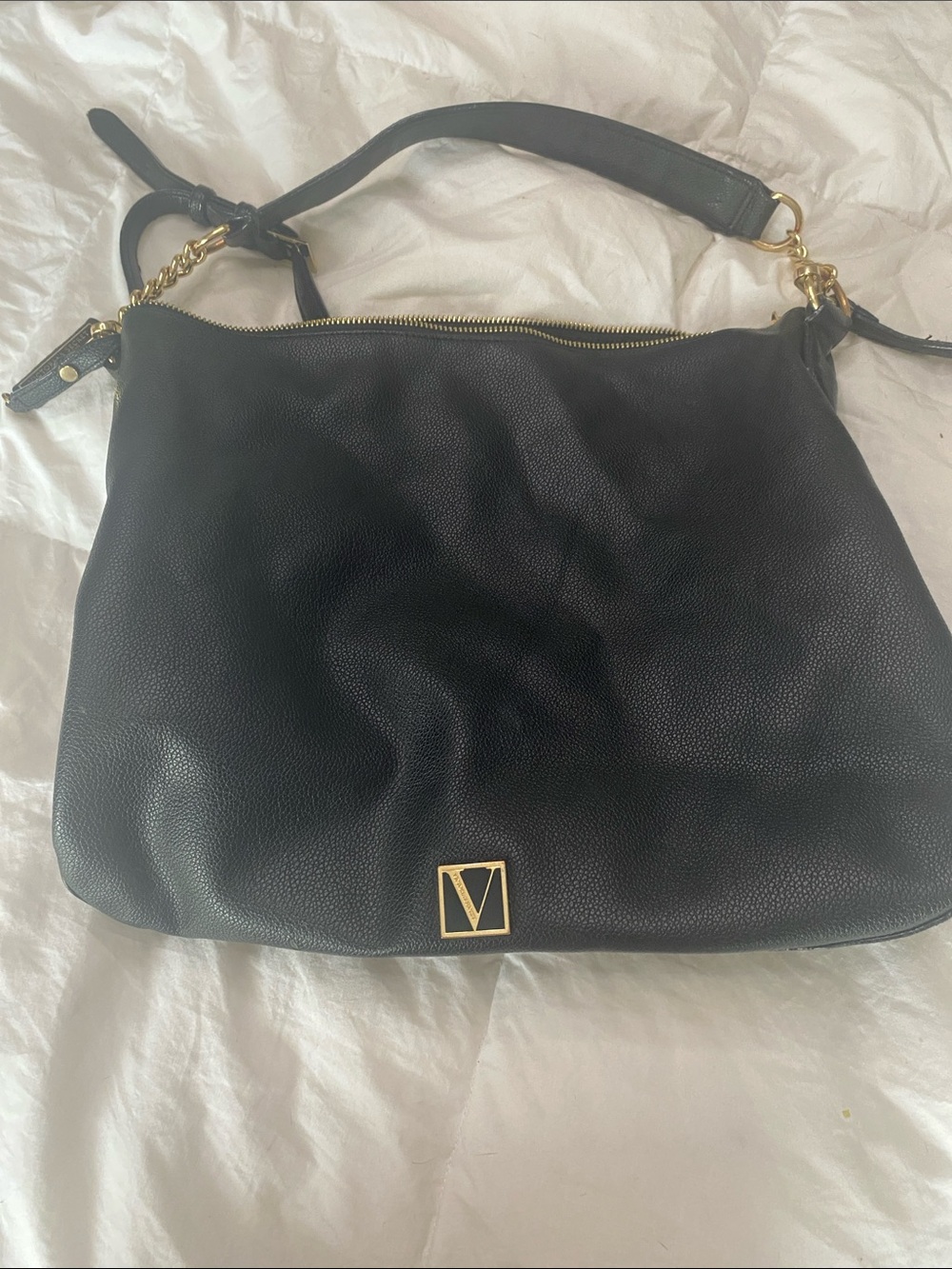 Victoria's Secret Black Pebbled Leather Hobo with Gold V Accent